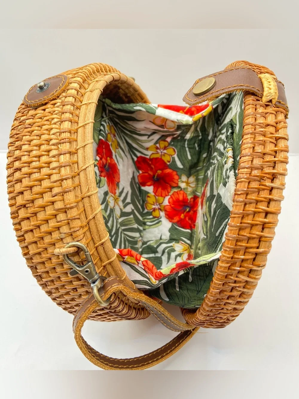 Handmade‎ Woven Round Straw Crossbody Bag with Bali Tropical Lining - Natural